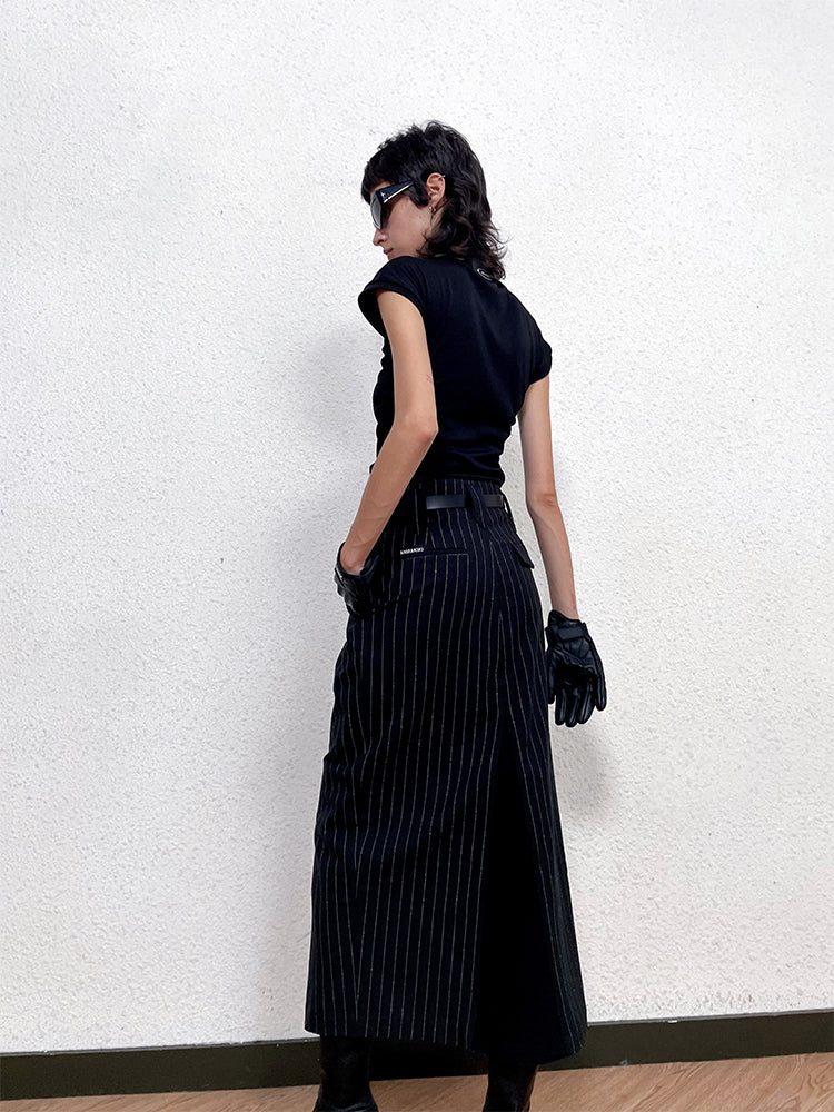 ANNAKIKI Black and White Striped Vintage Belt Trim Striped Skirt-RAVY