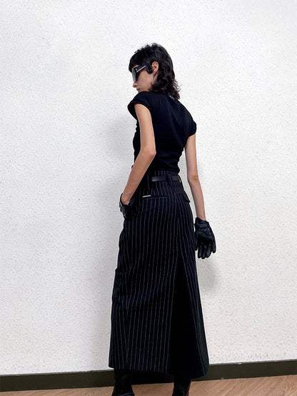 ANNAKIKI Black and White Striped Vintage Belt Trim Striped Skirt-RAVY