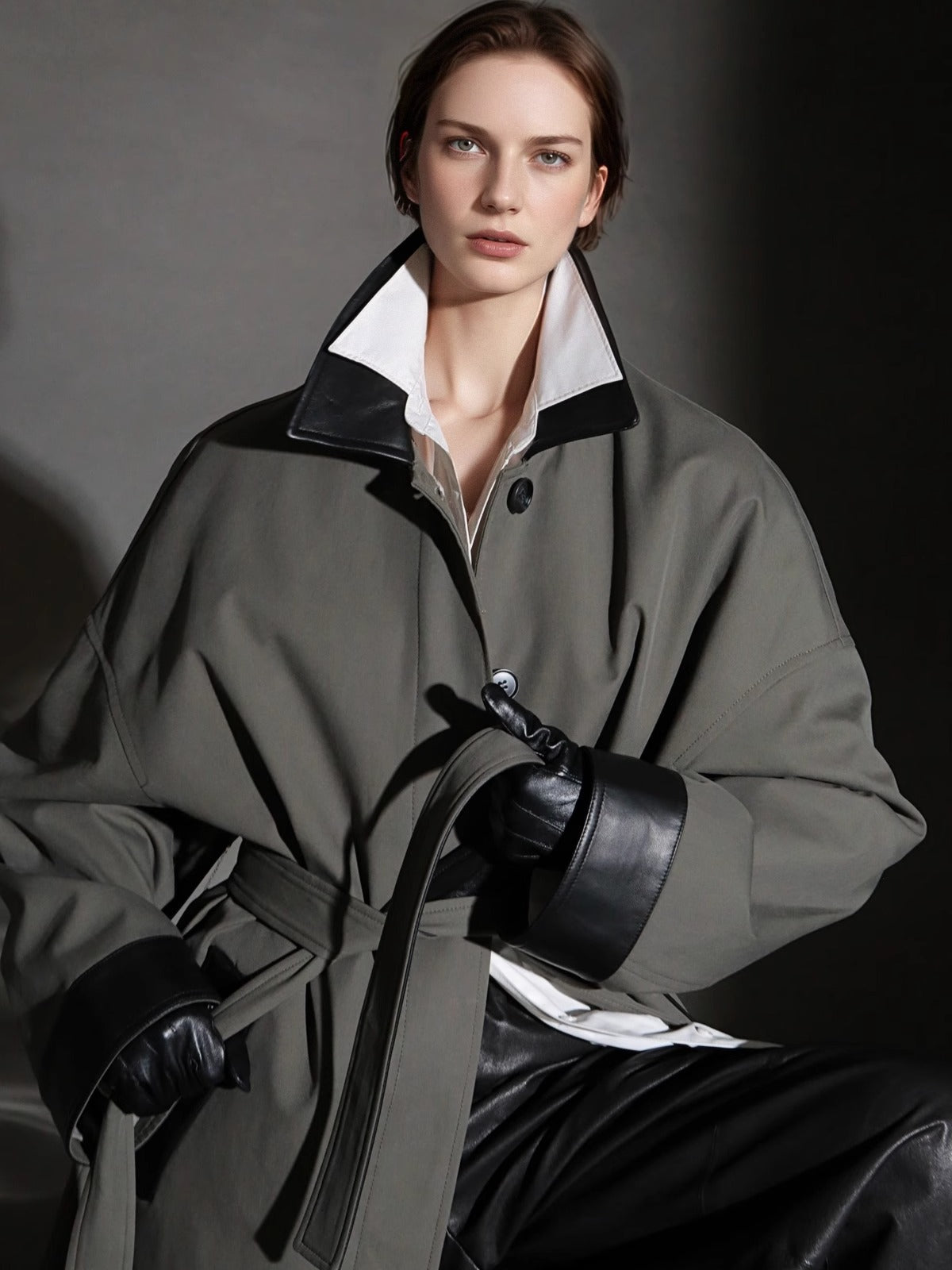 PIAOIN sheepskin stitched collar design sense trench coat women's unisex style-DEX