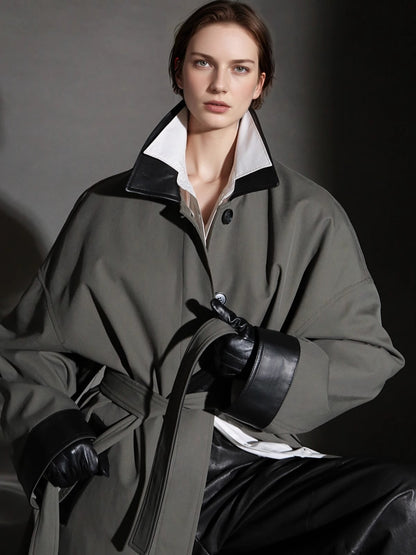 PIAOIN sheepskin stitched collar design sense trench coat women's unisex style-DEX