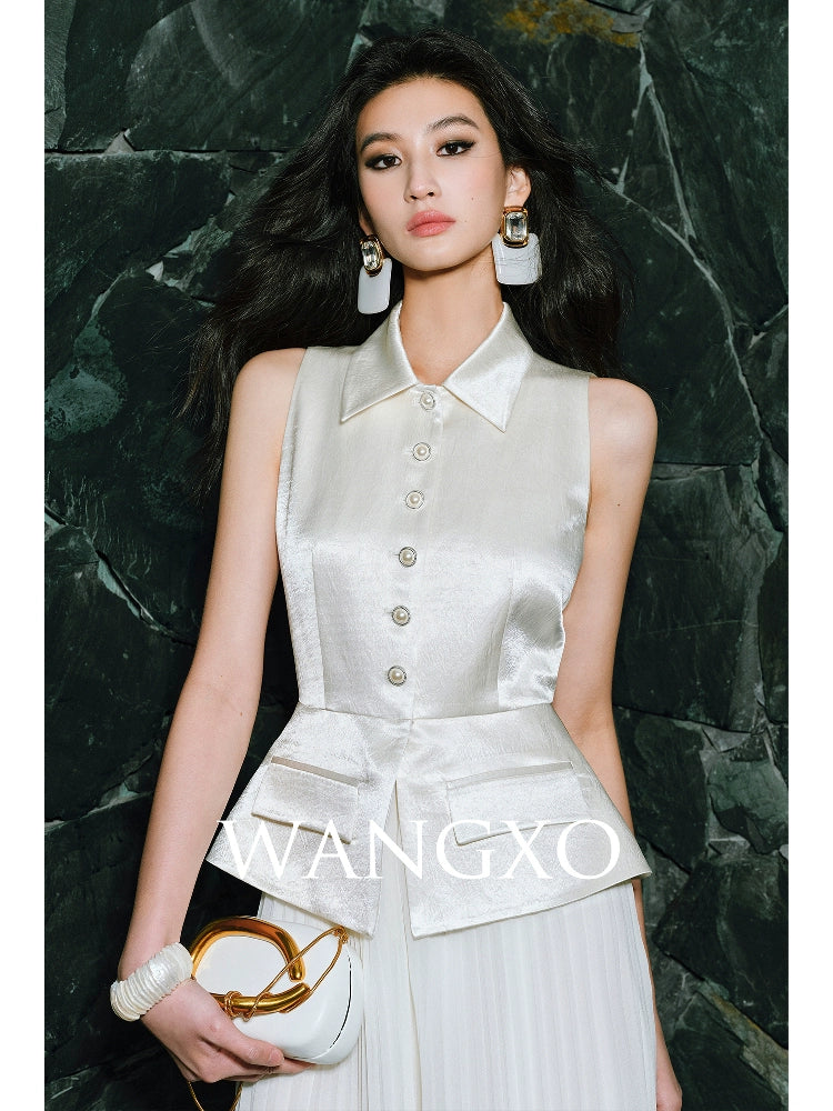 WANGXO | Faux Two-Piece Vest Suit & Romantic Pleated Gauze Skirt -THIA.
