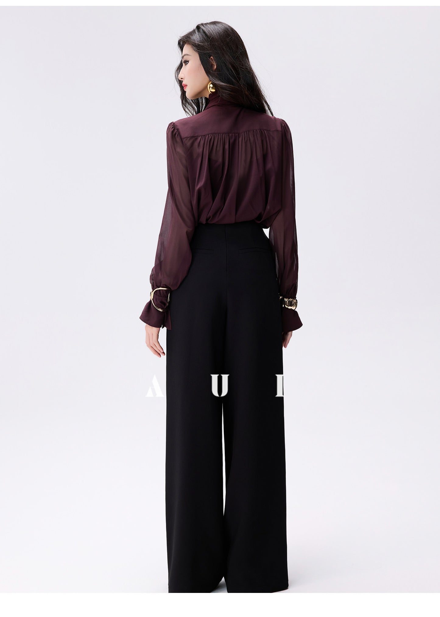 AUI burgundy streamer collar chiffon long-sleeved top -  Nabi