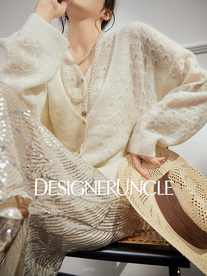 DGU "Mist Fleece" White Cardigan New Hollow Loose Lazy Style Versatile Top - ESTI .