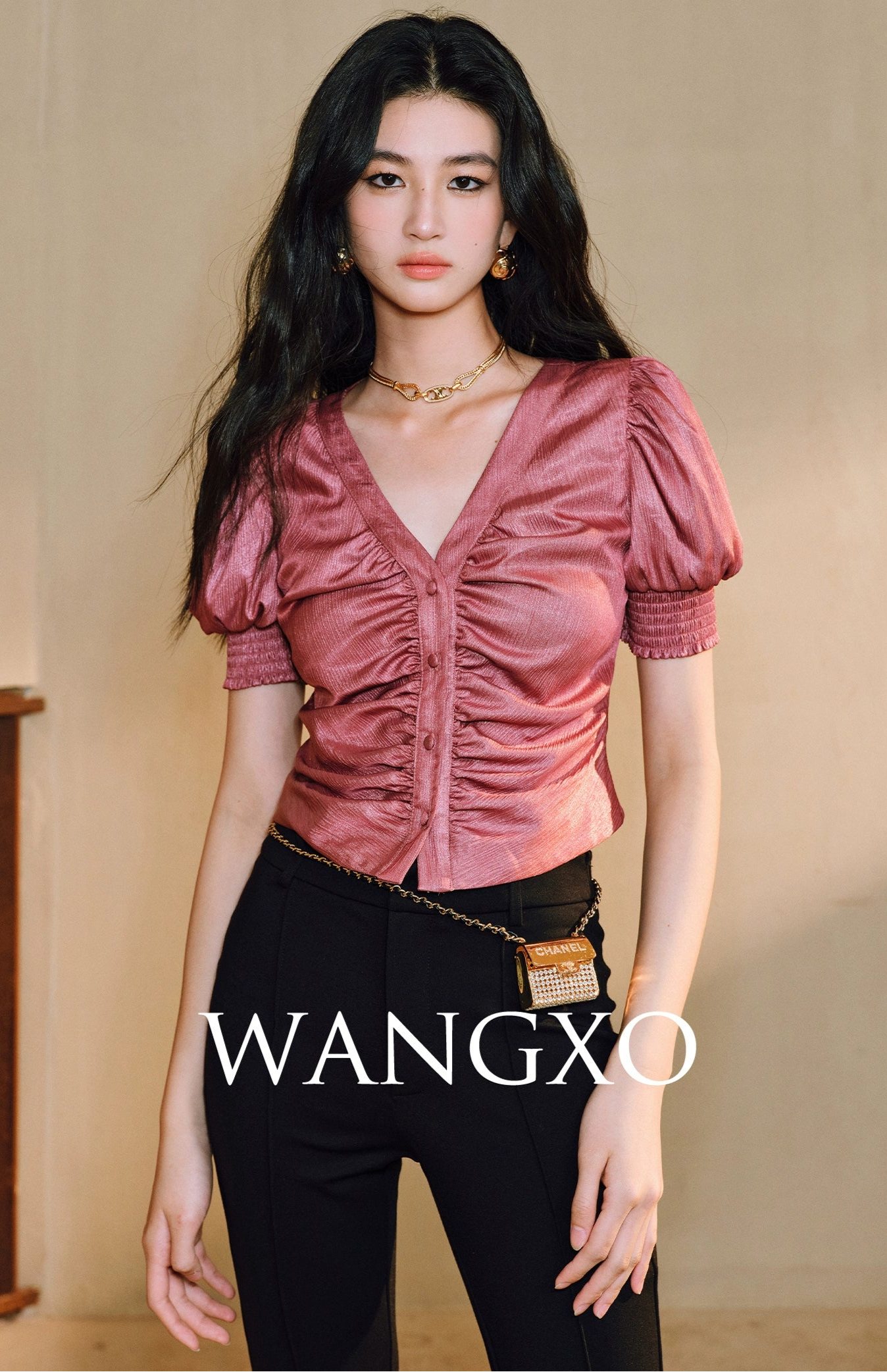 WANGXO Lumina Silk Satin Twill V-Neck Puff Sleeve Top - REYNA.