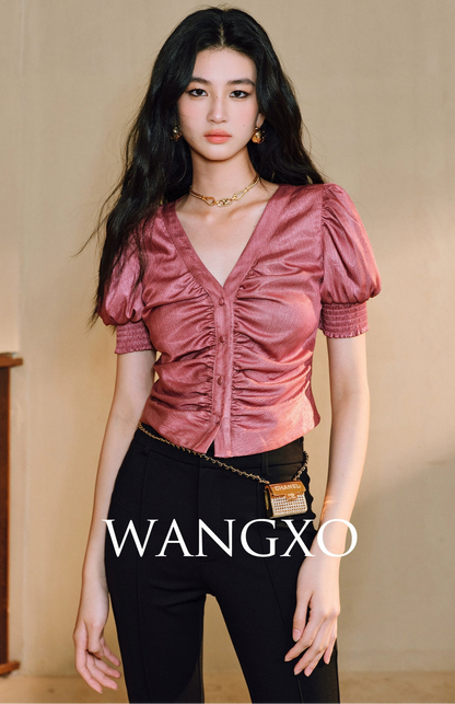WANGXO Lumina Silk Satin Twill V-Neck Puff Sleeve Top - REYNA.