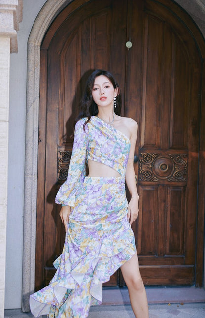 DOLLY Elegant Slant Collar Long Puff Sleeve Hollow Irregular Ruffled Hem Dress-KIERA