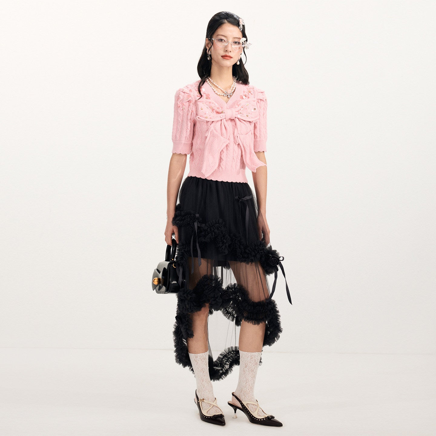 FAME Big Bow Shape Beaded Short Sleeve Knitted Top - AMANDA.