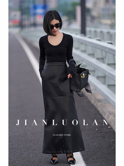 Huanzi customized loose slit midi black skirt - Swan