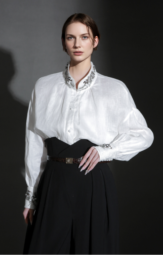 PIAOIN luxury vintage beaded design handmade custom shirt-BEATRICE.