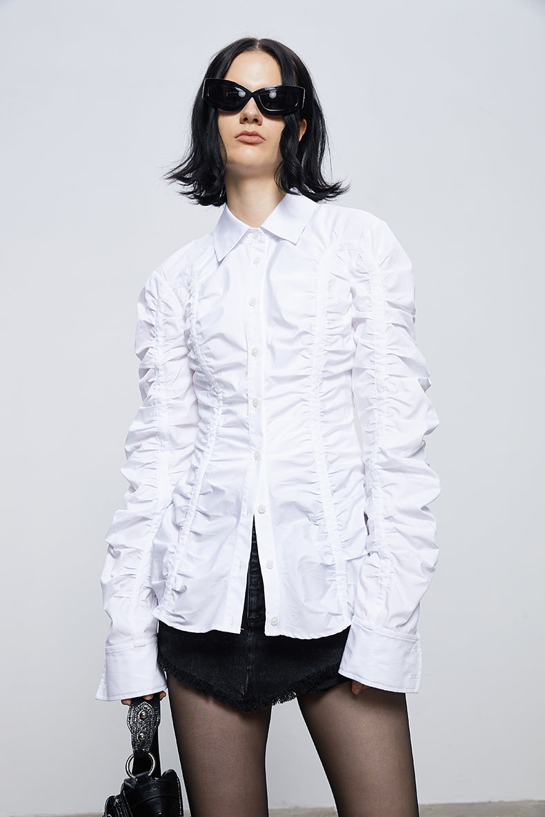 ANNAKIKI white deconstructed split pleated long sleeve shirt for women-SATURN