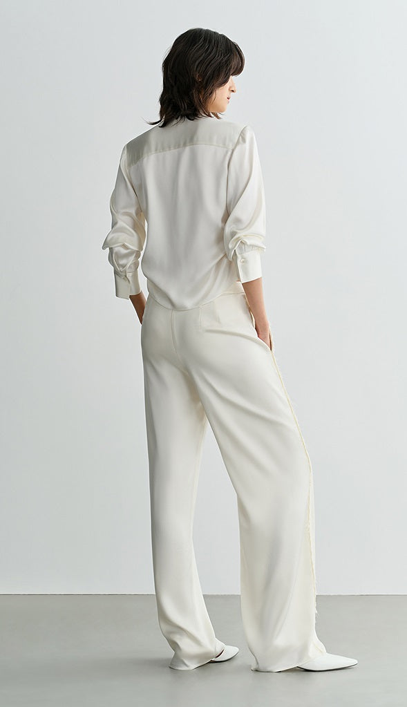 COMME MOI Lv Yan designer summer slanted lace top off-the-shoulder light shirt pants - ROMEO.