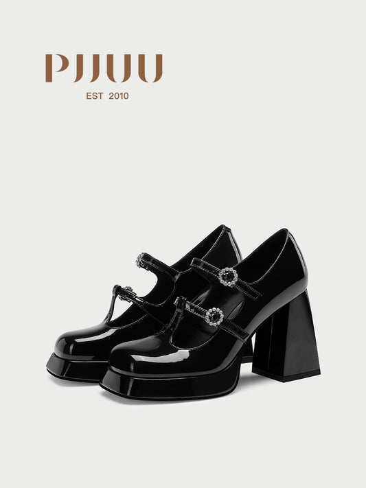 pjjuu black platform soled chunky square heel double strap mary jane heel - TARA