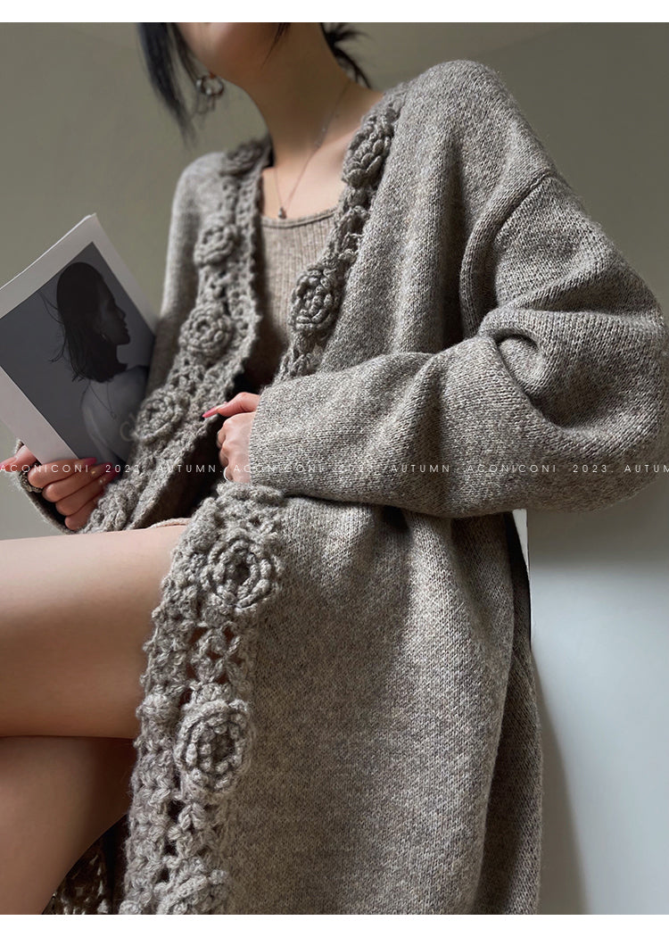 Aconiconi Luxury Loose V-Neck Long Sleeve Crochet Sweater - Camellia in the Fields