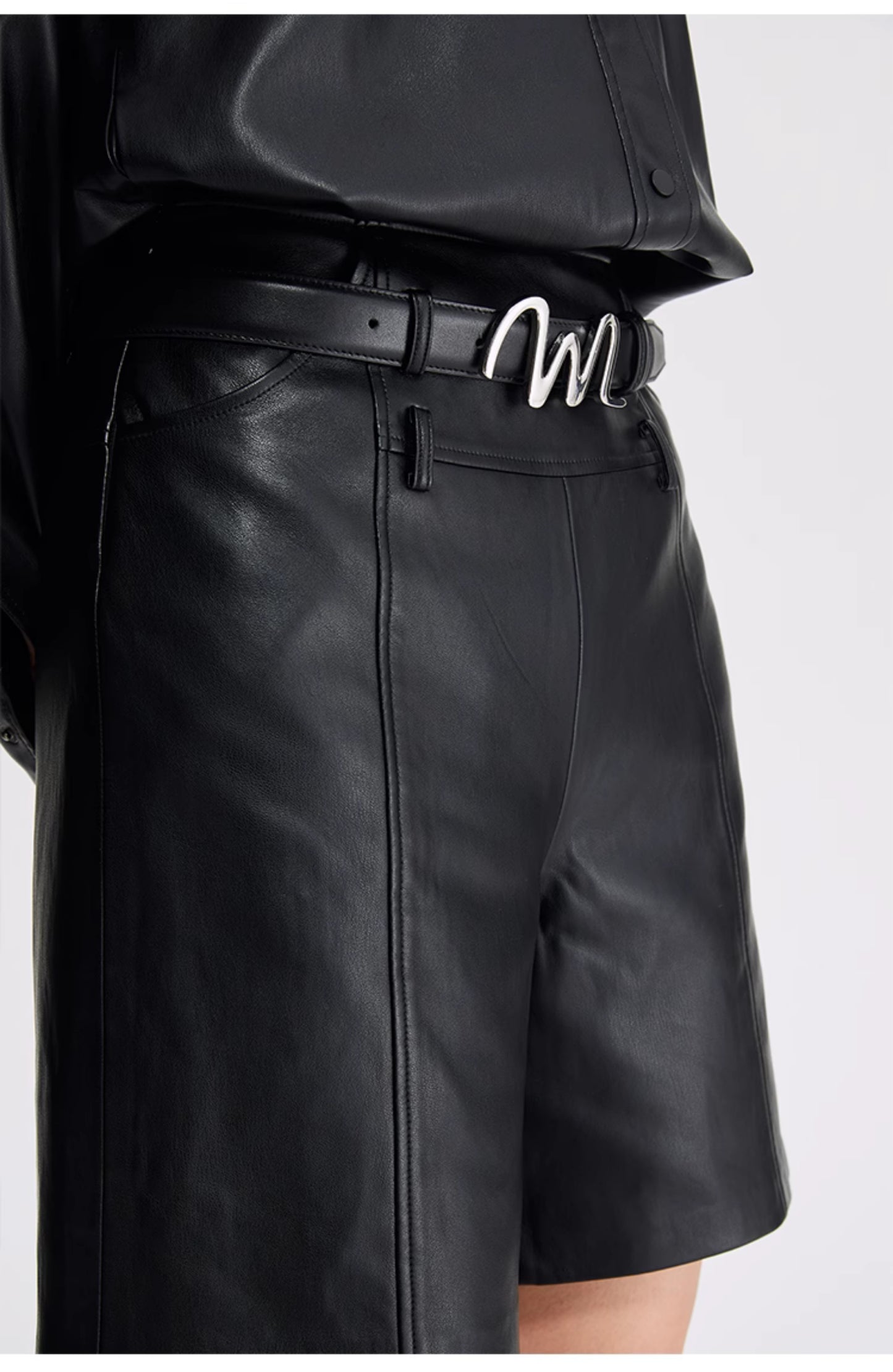 LEDIM W straight PU leather pants high-waisted Shorts- Iwo
