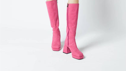 B-FEI platform thick square heel leather high boots-KARDA.