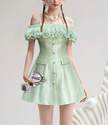 CHECOCRE Stubble French temperament elegant celebrity one-shoulder suspender dress - PIKO.