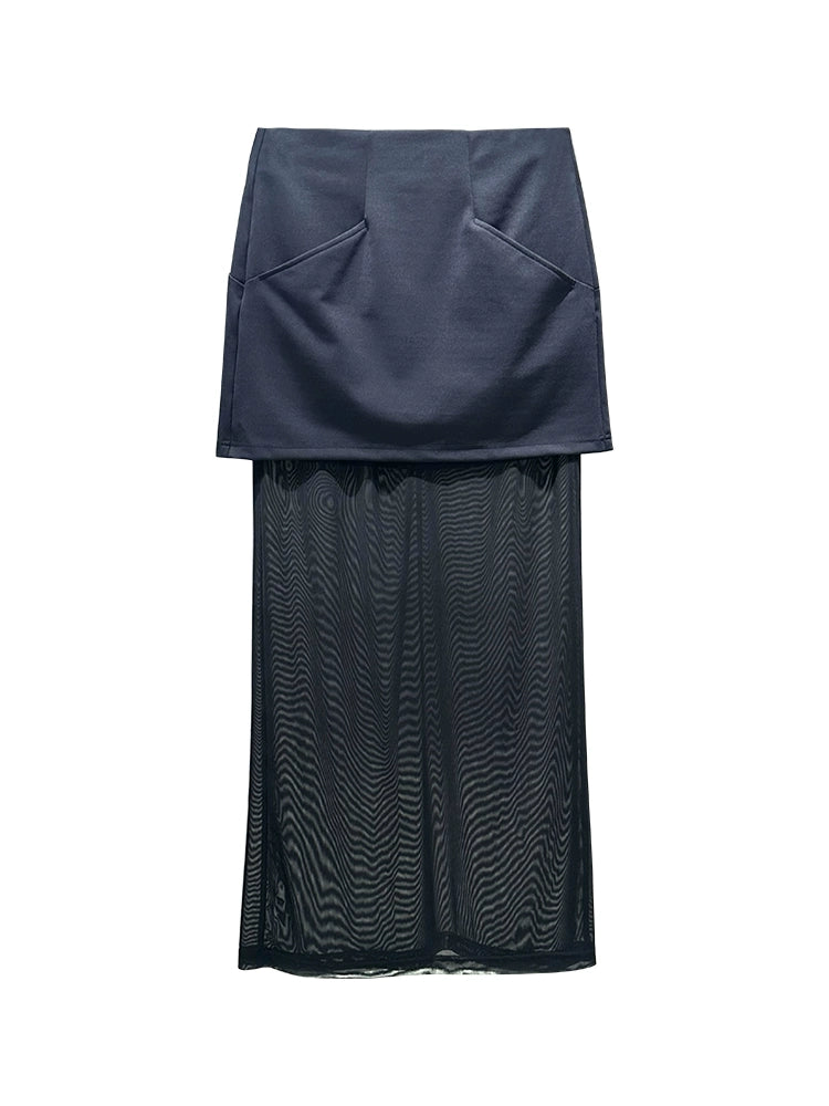 ANNAKIKI Pre-Fall Niche Designer Black Mesh Paneled Midi Skirt-TEMS