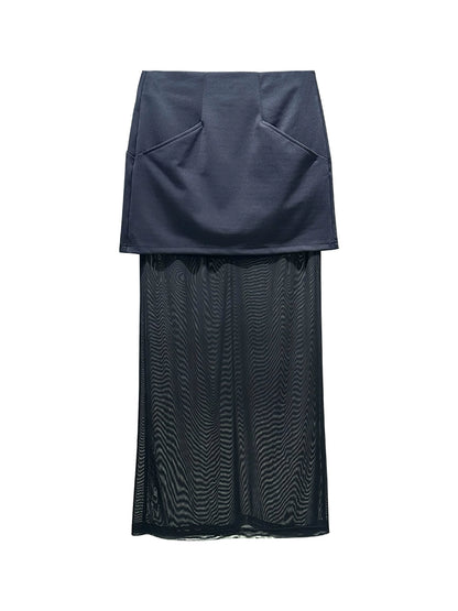 ANNAKIKI Pre-Fall Niche Designer Black Mesh Paneled Midi Skirt-TEMS
