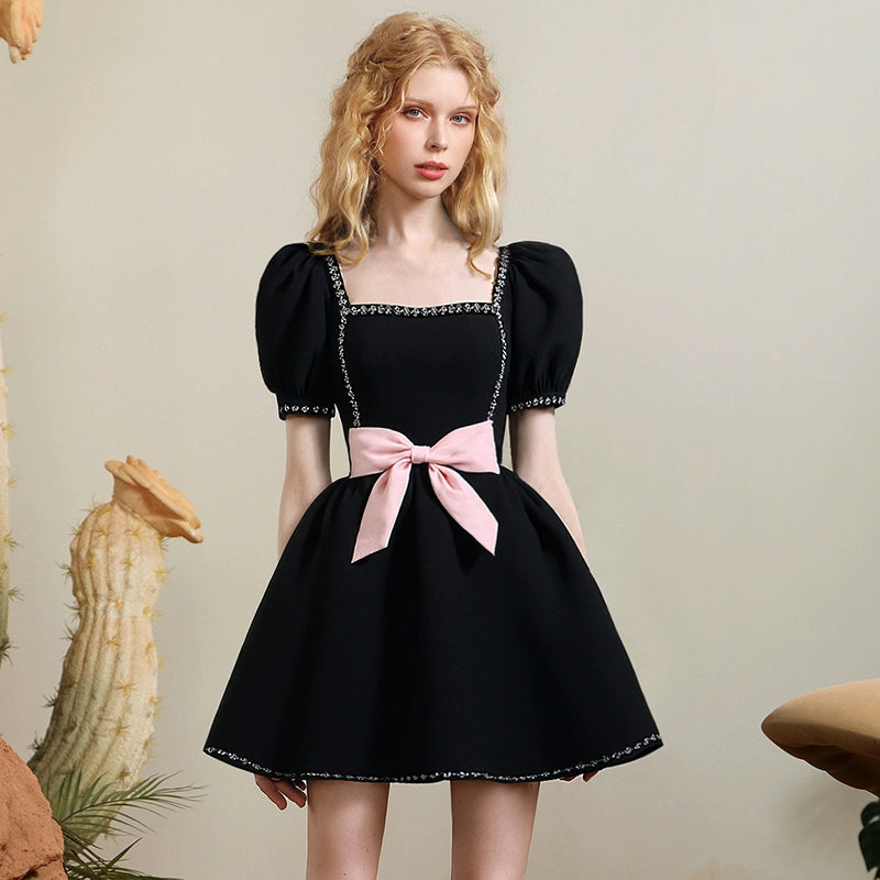 CHECOCRE Chic Puff Sleeve Diamond Chain Waist Puffy Little Black Dress - GENERATE