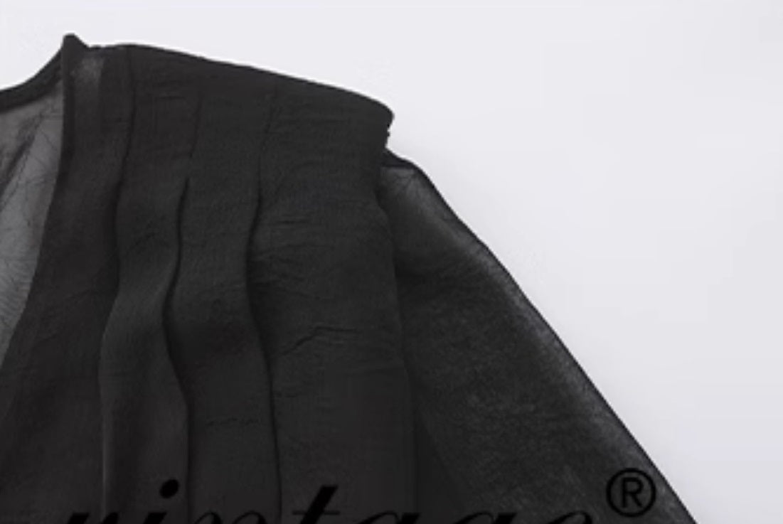 Le Palais Vintage Luxury Black Deep V-Neck Mesh Long Sleeve Top + Long Skirt-LING.