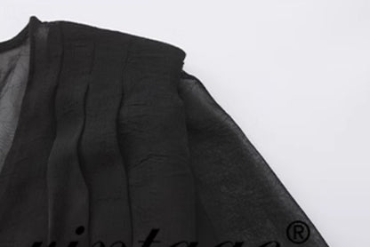 Le Palais Vintage Luxury Black Deep V-Neck Mesh Long Sleeve Top + Long Skirt-LING.