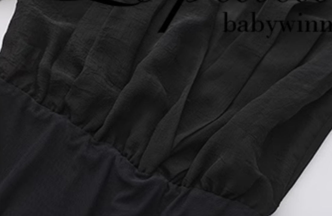 Le Palais Vintage Luxury Black Deep V-Neck Mesh Long Sleeve Top + Long Skirt-LING.