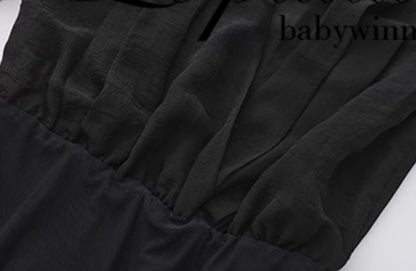 Le Palais Vintage Luxury Black Deep V-Neck Mesh Long Sleeve Top + Long Skirt-LING.