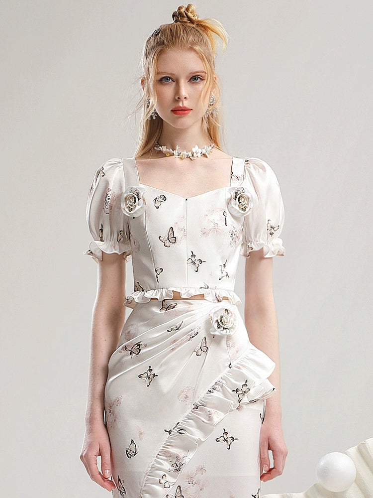 CHECOCRE Three-dimensional Flower White Printed Short Sleeve Suit Dress - GRAYSON.