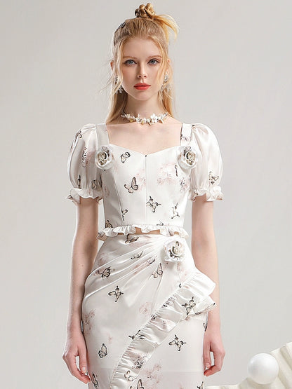CHECOCRE Three-dimensional Flower White Printed Short Sleeve Suit Dress - GRAYSON.