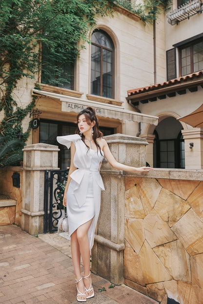 DOLLY Elegant Ruffled Off Shoulder Hollow Waist Irregular Hem Dinner Dress-NINA