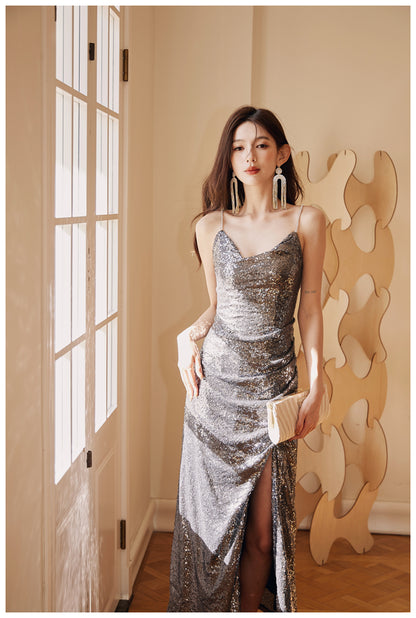 DOLLY High End V-Neck Sleeveless Long Slit Sequin Body Hug Evening Dress-KIM