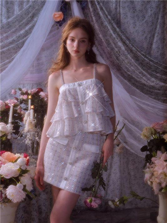 Wardrobes by Chen Luxury White Sleeveless Layered Diamond Top/ Short Skirt-Cassie