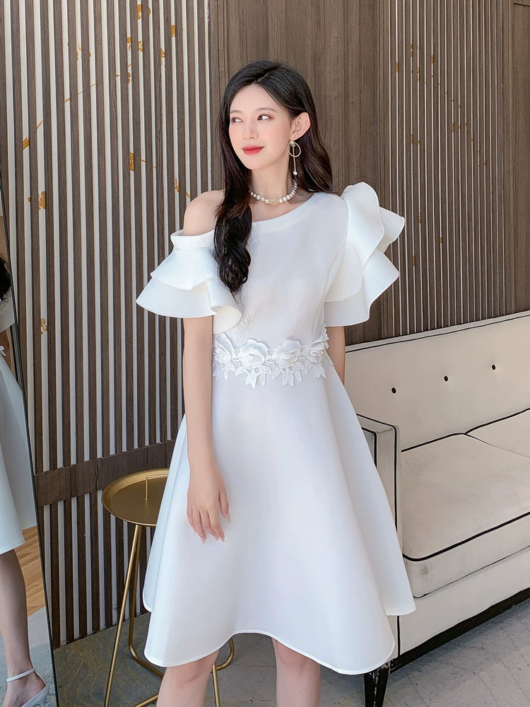 DOLLY Elegant White Slant Collar Short Ruffle Sleeves Midi A-Line Dinner Dress-CRYSTA