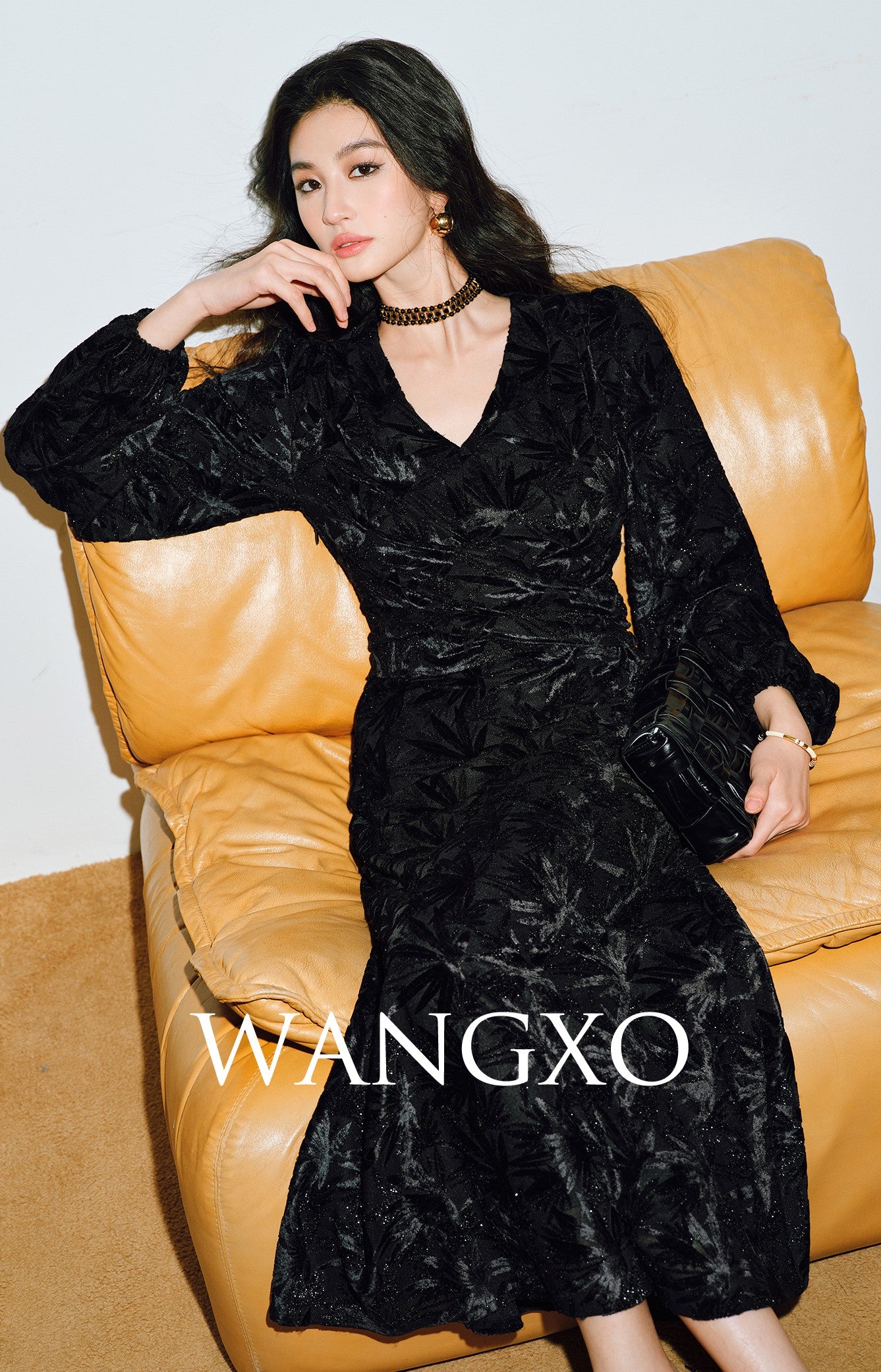 WANGXO | Bright Silk Stretch Knit Jacquard V-Neck Tie Waist Dress-KIRA.