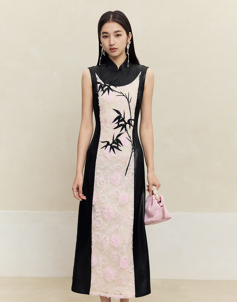 HECO Embroidered Acetate Cheongsam Sleeveless Midi Dress - what.