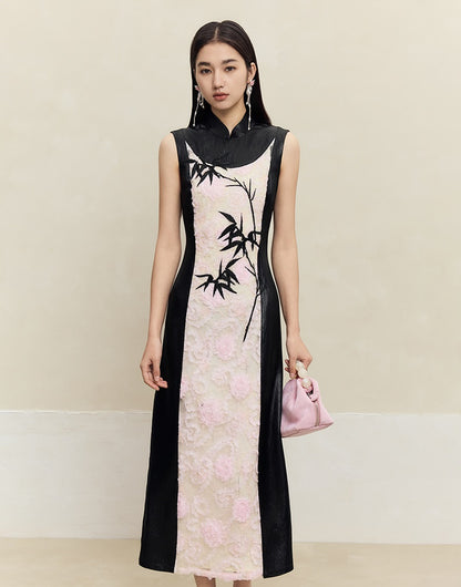 HECO Embroidered Acetate Cheongsam Sleeveless Midi Dress - what.