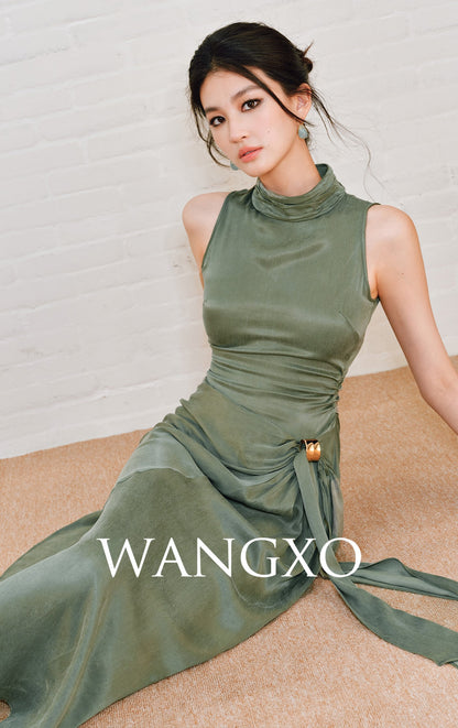 WANGXO | Luxe Cupro Maxi Sleeveless Drape Dress -ISOLINA.
