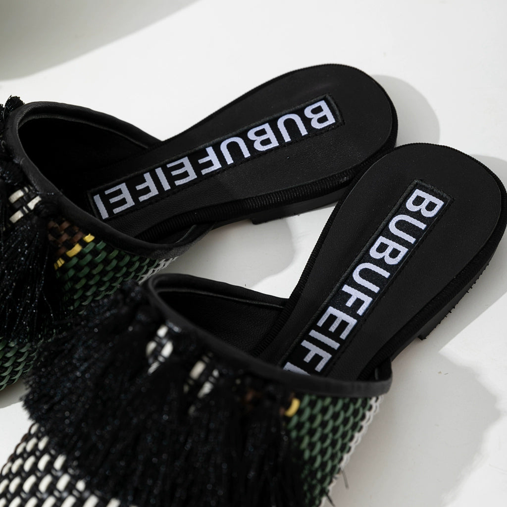 B-FEI  woven black tassel flat mules-DERY.