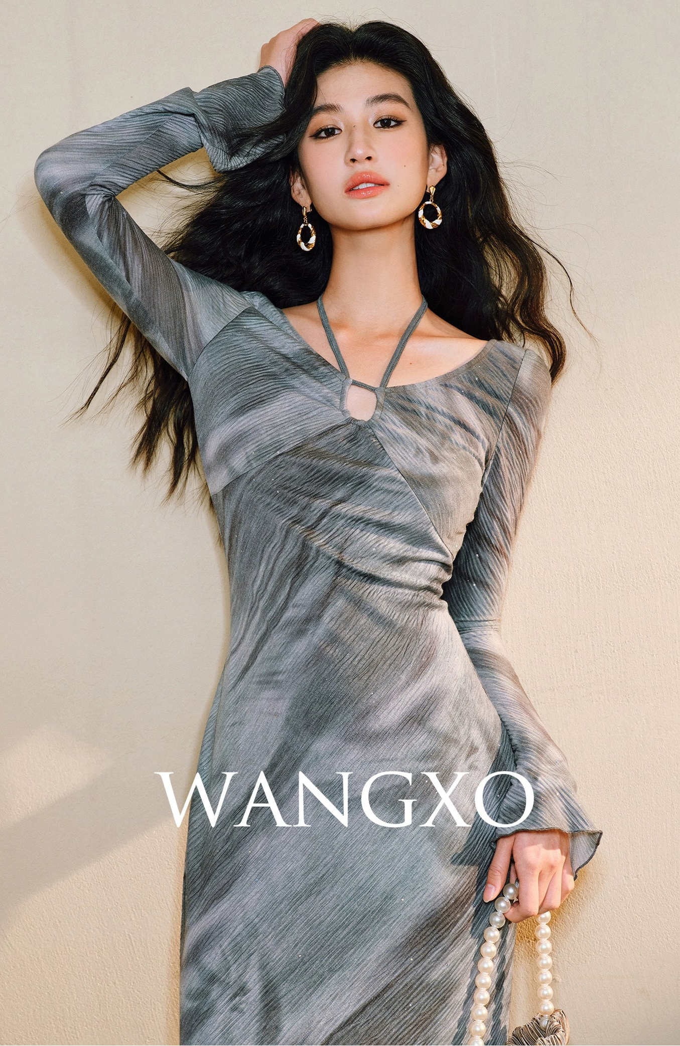 WANGXO Galaxy Muse -Starry Silver Oil-Paint  Halterneck Dress - SABLE