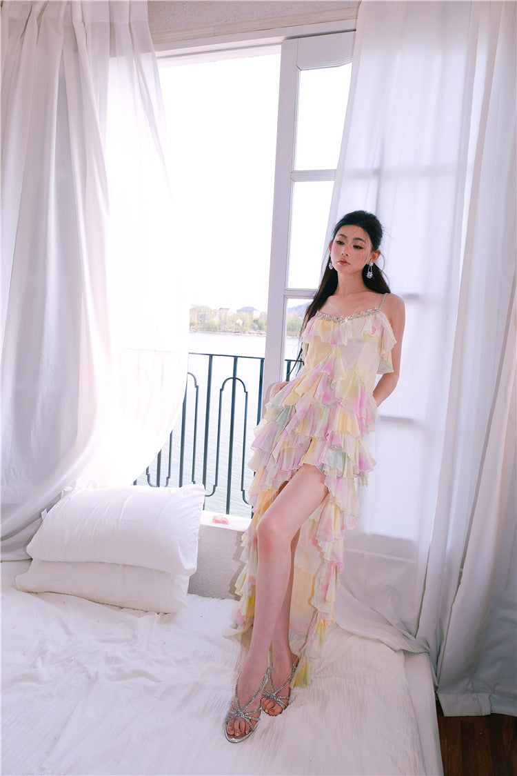 Wardrobes by Chen Elegant Sleeveless high low layered Long Multi Color Dress-Gainn