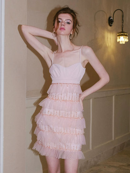 Wardrobes by Chen Light Luxury Embroidered Bead High Waist Short Dress-Safeera