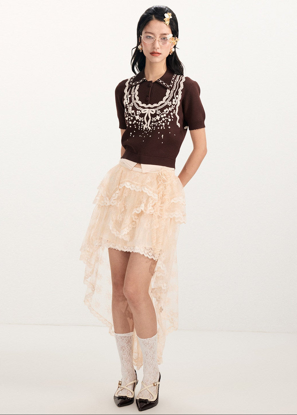 FAME Three-dimensional Jacquard Lapel Knitted Short Sleeve Knit Top - BRIAR.