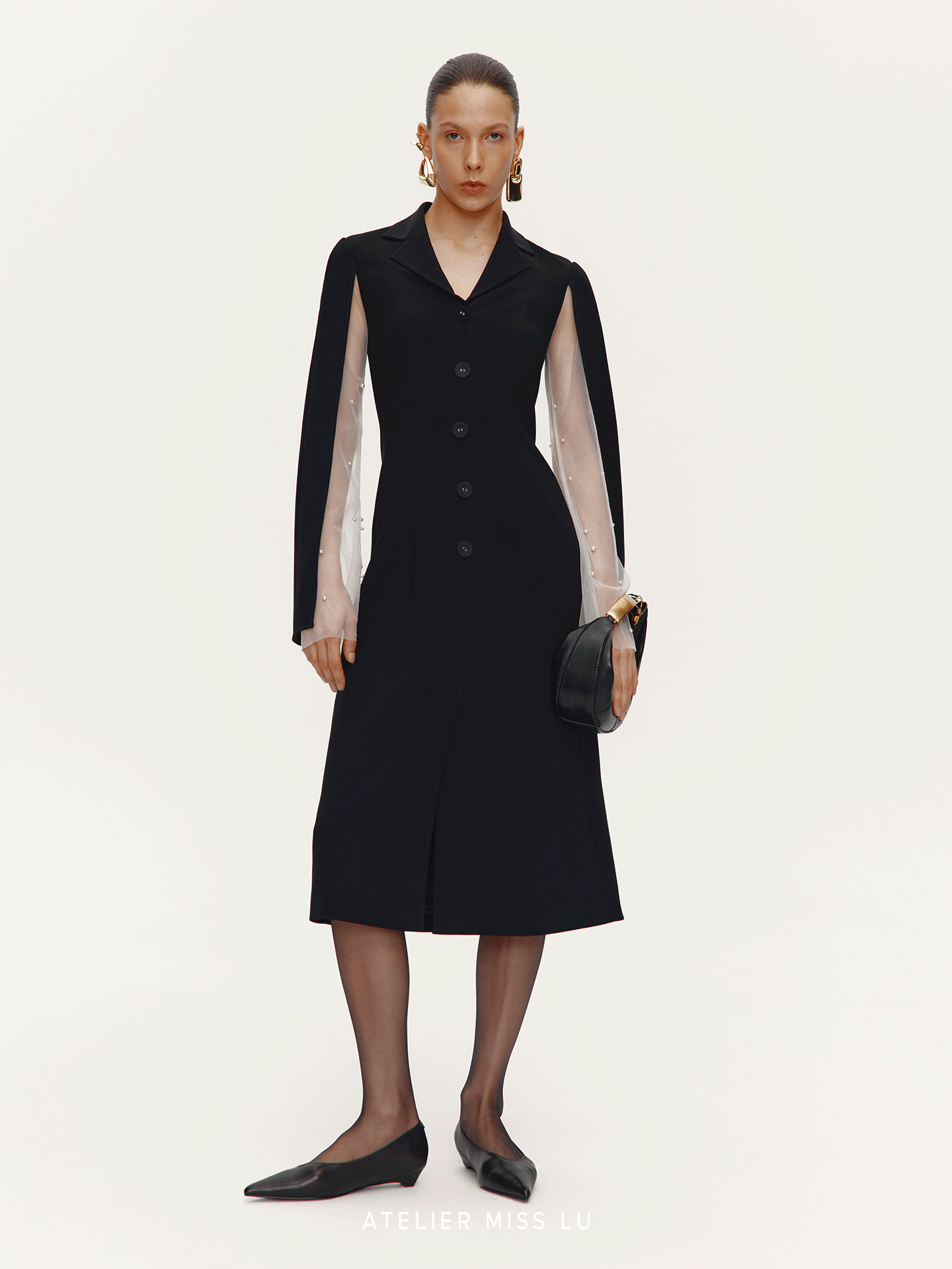 ATELIER MISS LU Pearl Embellished Gauze Sleeve Suit Dress - CONQUER.