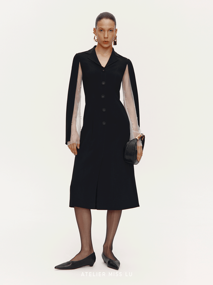 ATELIER MISS LU Pearl Embellished Gauze Sleeve Suit Dress - CONQUER.