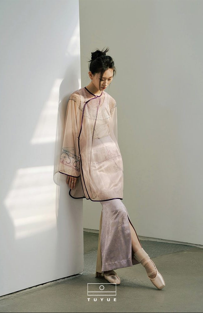 TUYUE Lilac Purple Satin Jacquard Slit Zipper Slim Mermaid Skirt - MIKO.