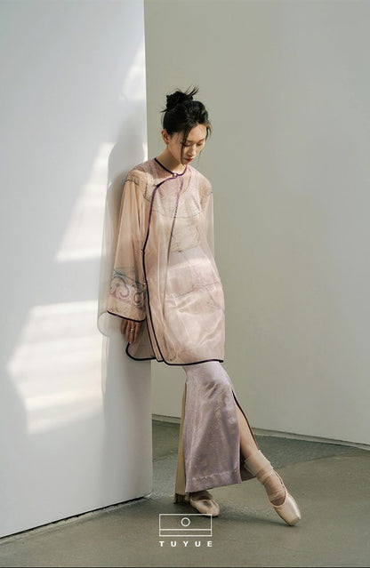 TUYUE Lilac Purple Satin Jacquard Slit Zipper Slim Mermaid Skirt - MIKO.