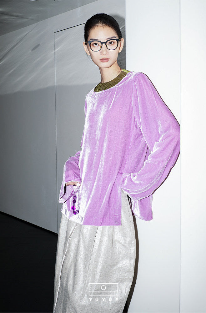 TUYUE Lilac Purple Silk Velvet Long Sleeve Loose Top- SHEENA.