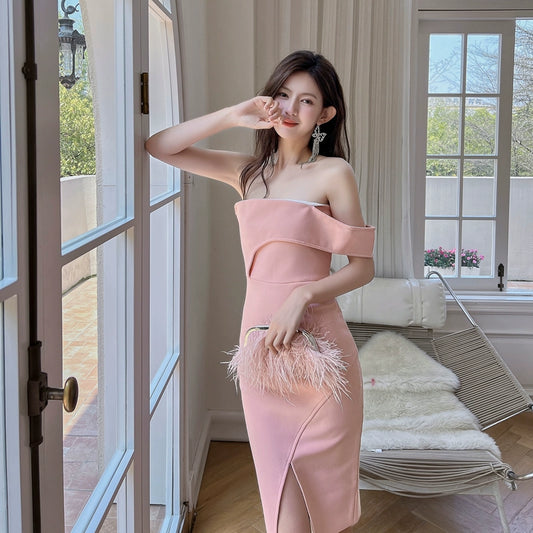 DOLLY Luxury Peach Sleeveless Off Shoulder Knitted Midi Banquet Dress-MANA