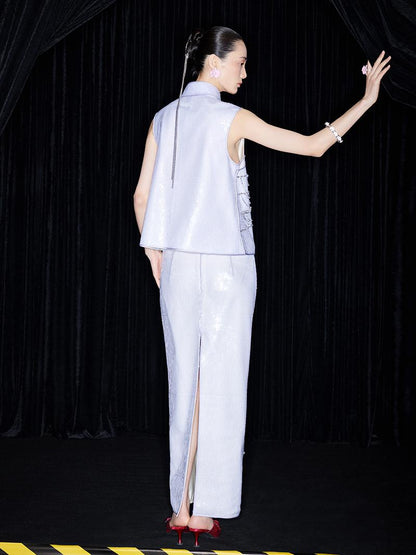 M essential Mackay designer catenary beaded stand-up collar vest - tempaa