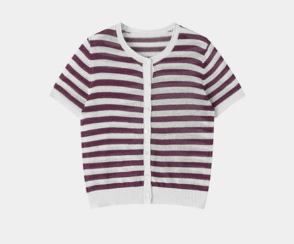 SUSHE light hollow texture striped short-sleeved knit sweater new stretch loose top -BESS